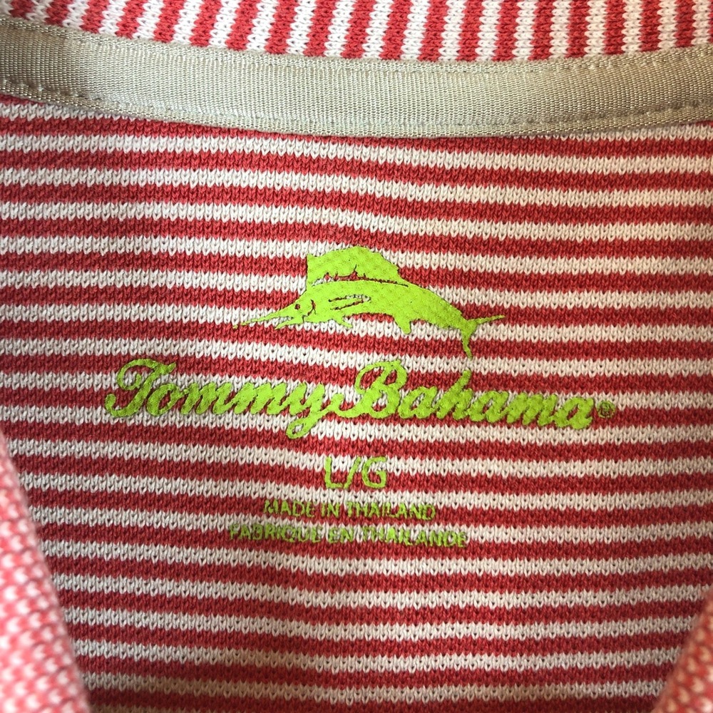 Tommy Bahama Mens Large Red White Striped Short Sleeve Marlin Polo Shirt - Picture 6 of 12